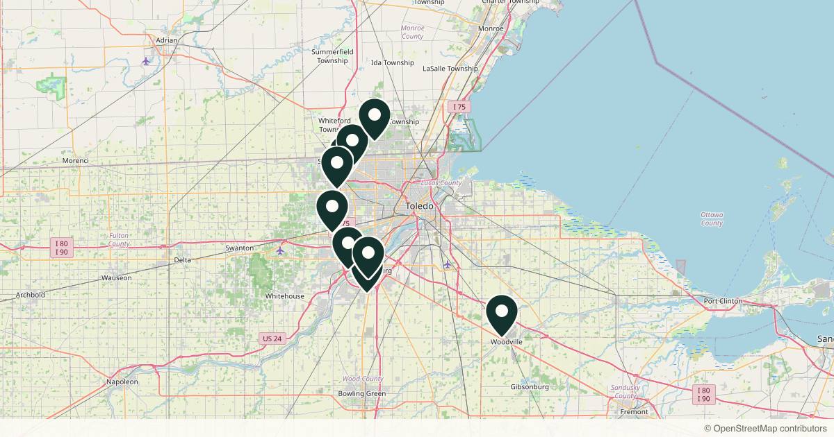 Map of 9 dermatology practices in Toledo, Ohio