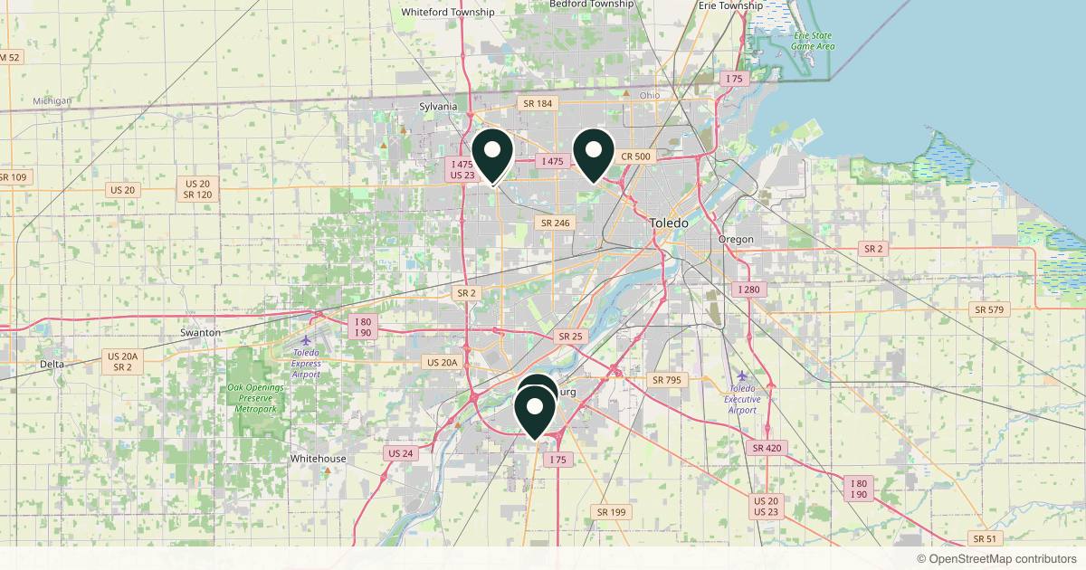 Map of 5 plastic surgery practices in Toledo, Ohio