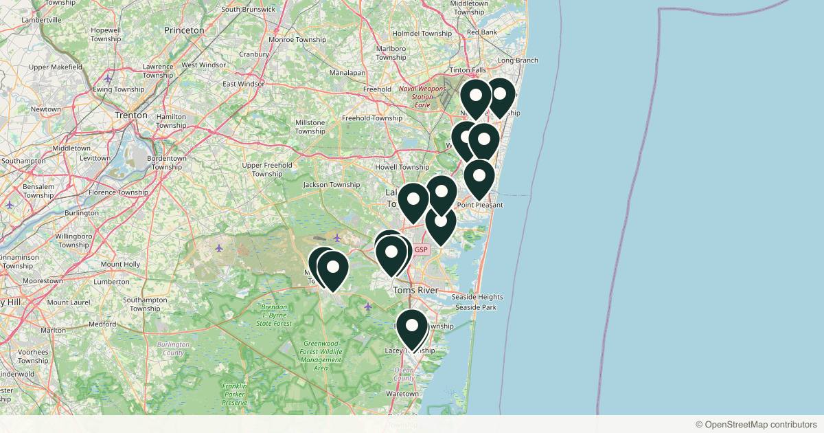 Map of 16 dermatology practices in Toms River, New Jersey