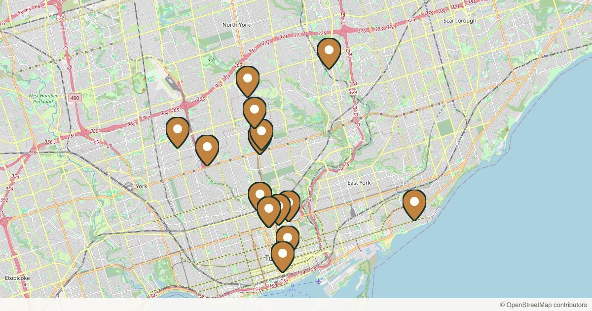 Map of 33 plastic surgery practices in Toronto, Ontario