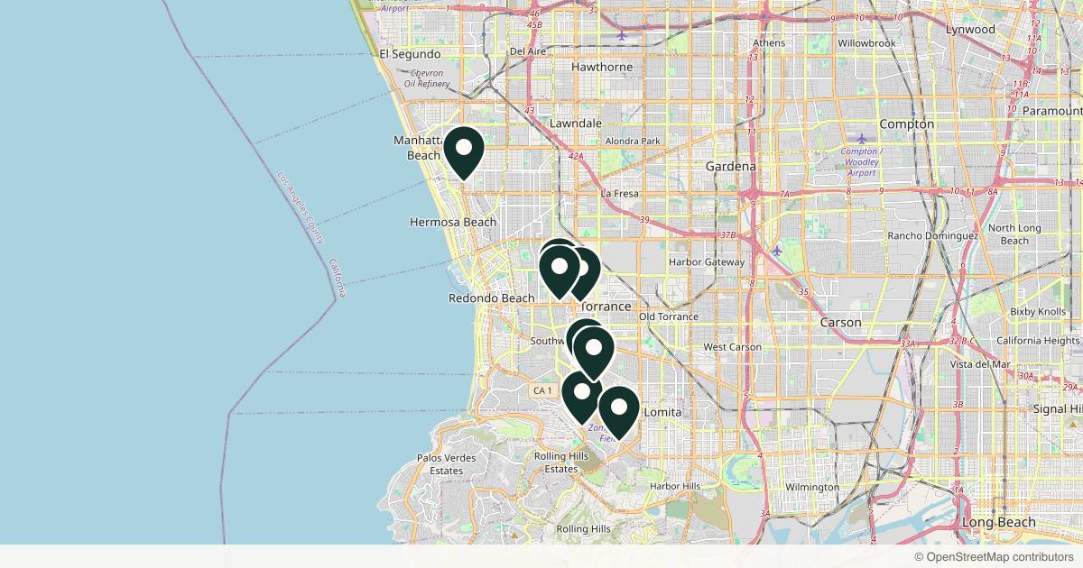 Map of 11 dermatology practices in Torrance, California