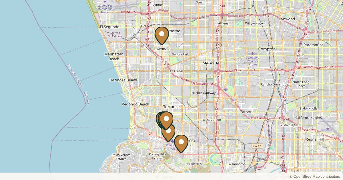 Map of 8 plastic surgery practices in Torrance, California