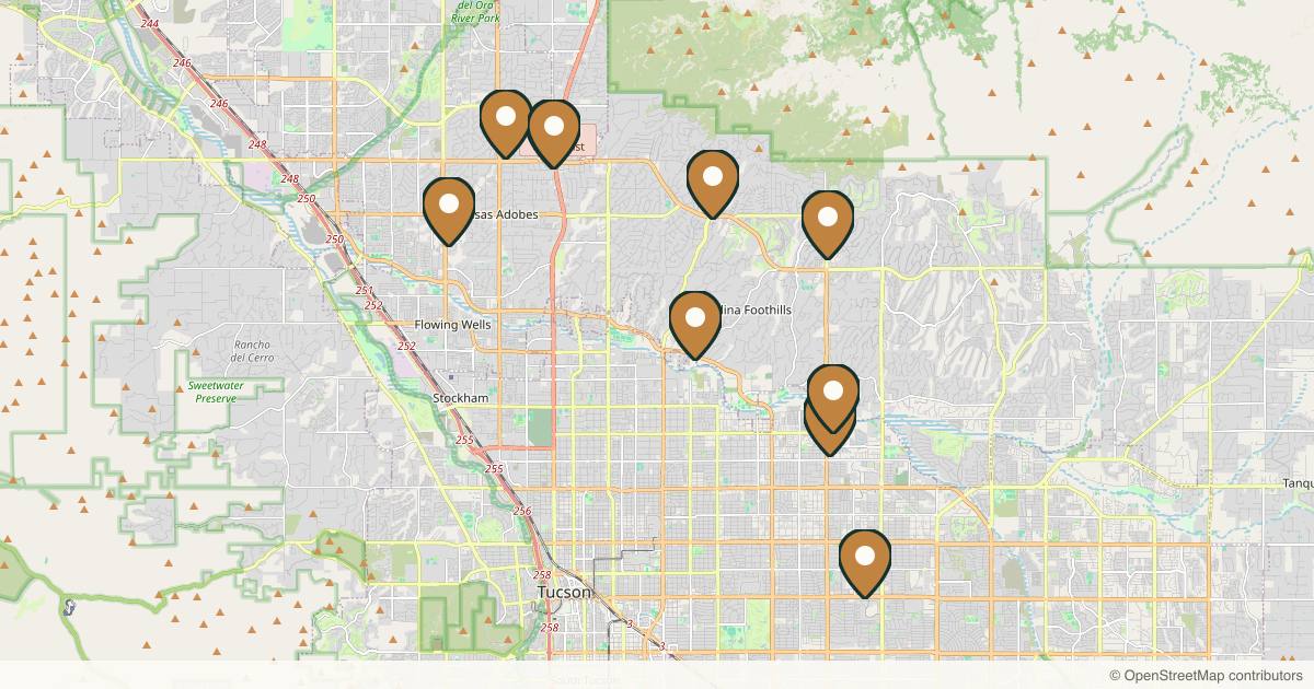 Map of 10 plastic surgery practices in Tucson, Arizona