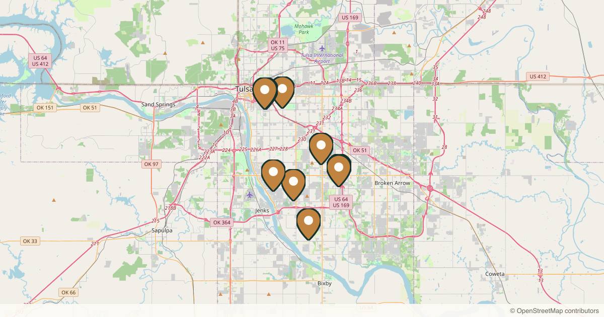 Map of 10 plastic surgery practices in Tulsa, Oklahoma