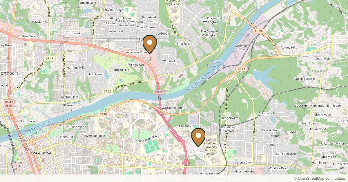 Map of 4 plastic surgery practices in Tuscaloosa, Alabama