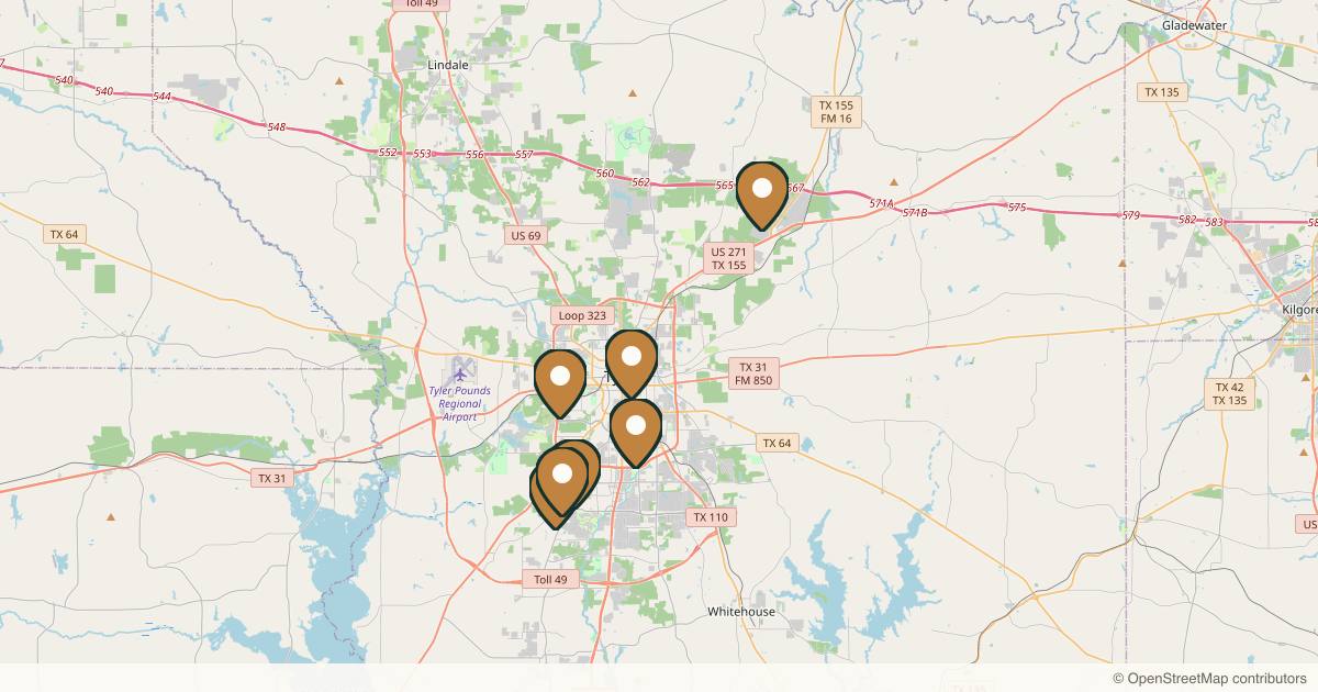 Map of 9 plastic surgery practices in Tyler, Texas