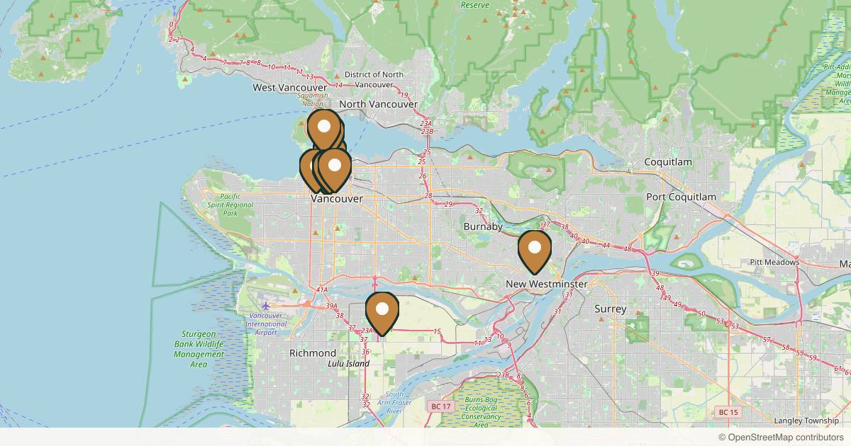 Map of 16 plastic surgery practices in Vancouver, British Columbia