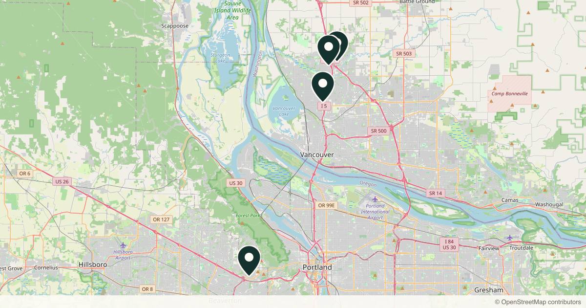 Map of 4 plastic surgery practices in Vancouver, Washington