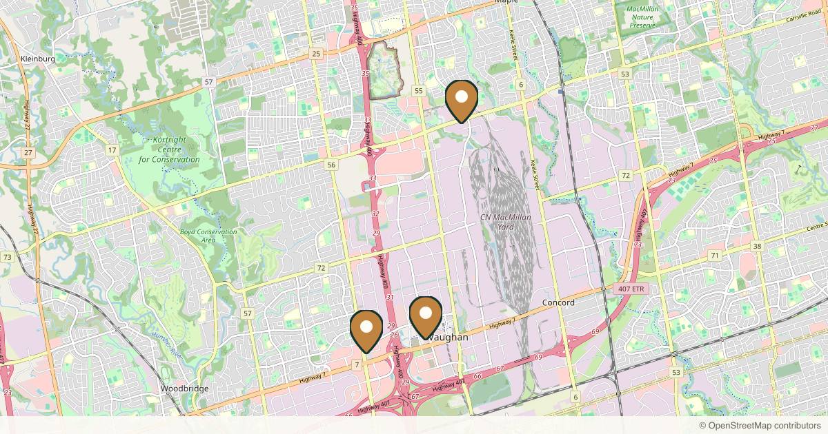 Map of 3 plastic surgery practices in Vaughan, Ontario