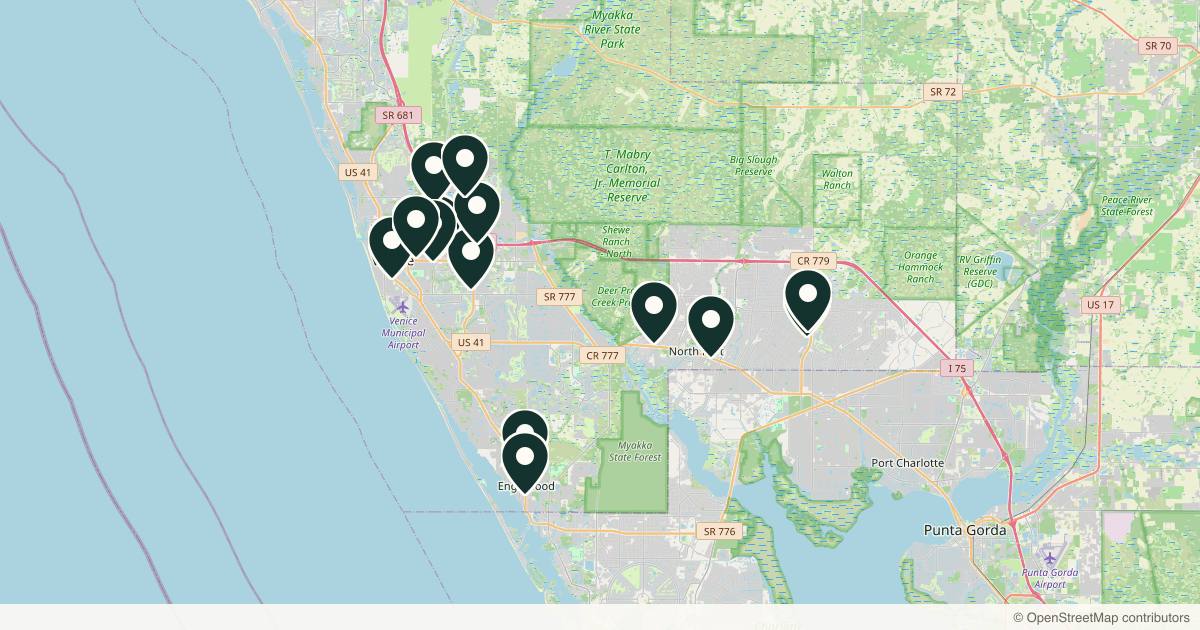 Map of 14 dermatology practices in Venice, Florida