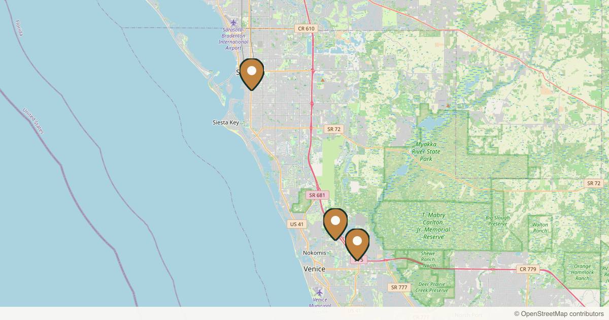 Map of 3 plastic surgery practices in Venice, Florida