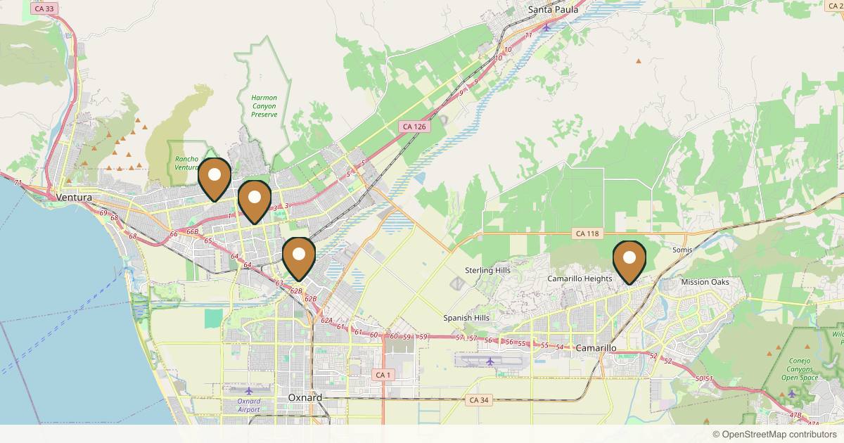 Map of 4 plastic surgery practices in Ventura, California