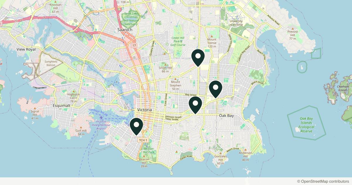 Map of 5 plastic surgery practices in Victoria, British Columbia