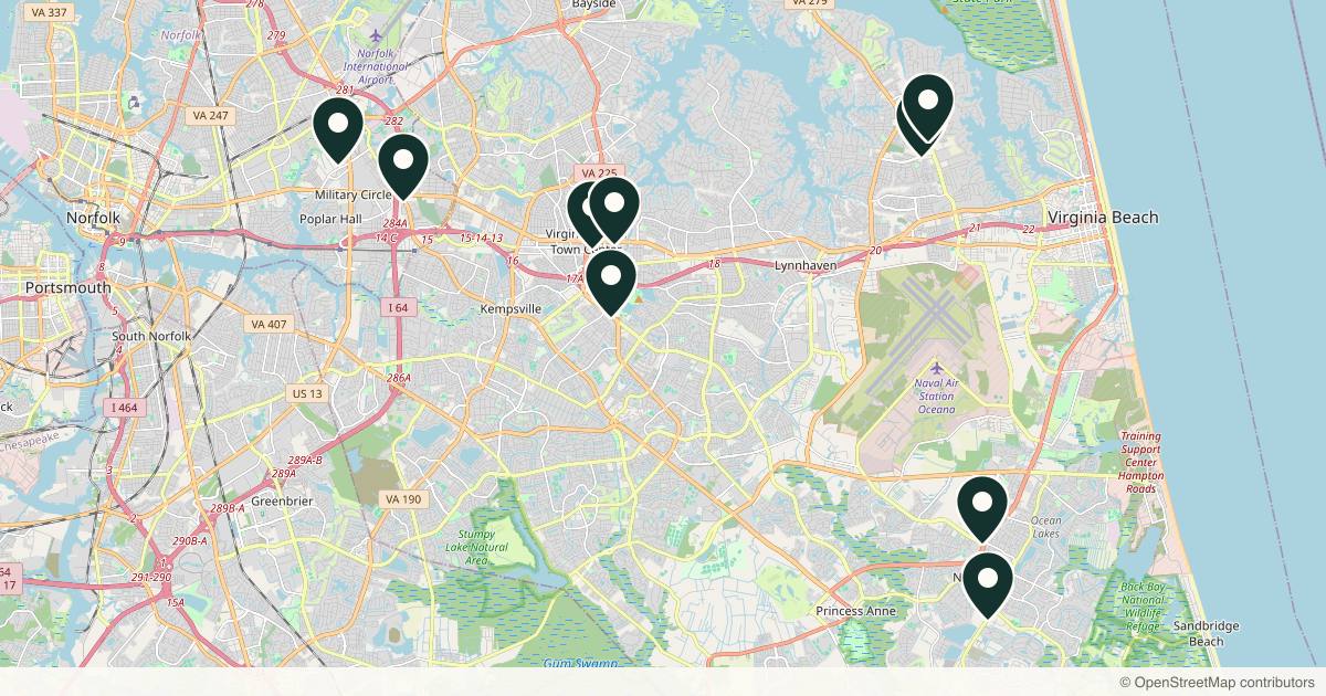 Map of 9 dermatology practices in Virginia Beach, Virginia