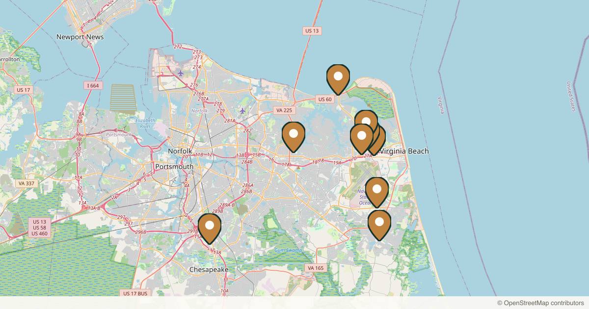 Map of 10 plastic surgery practices in Virginia Beach, Virginia