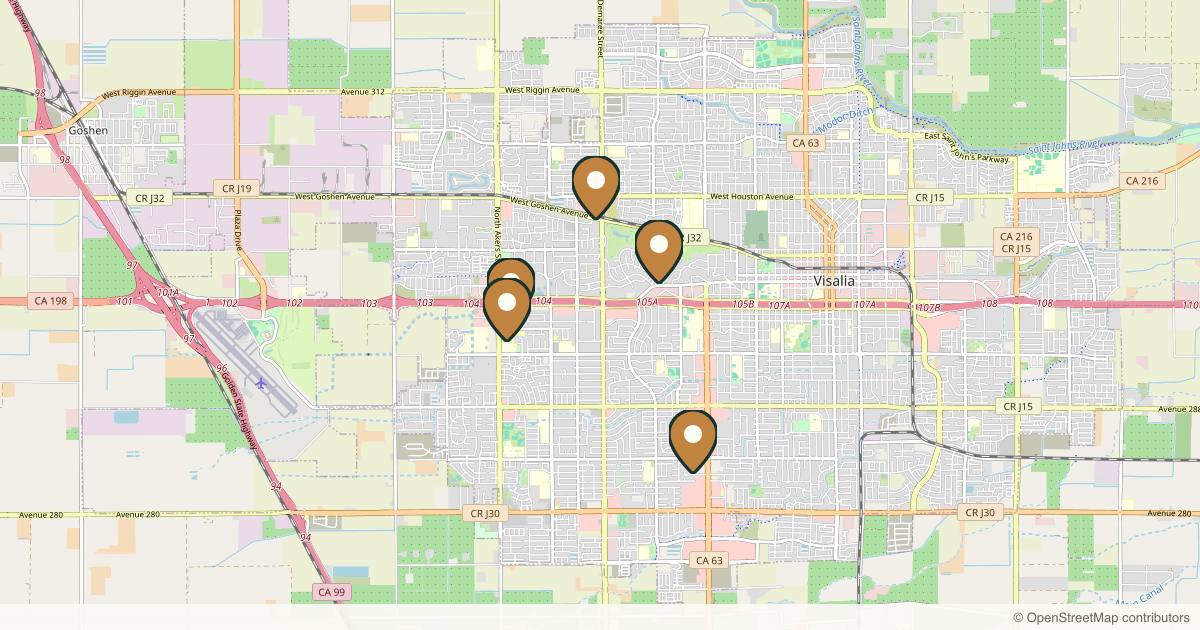 Map of 5 plastic surgery practices in Visalia, California