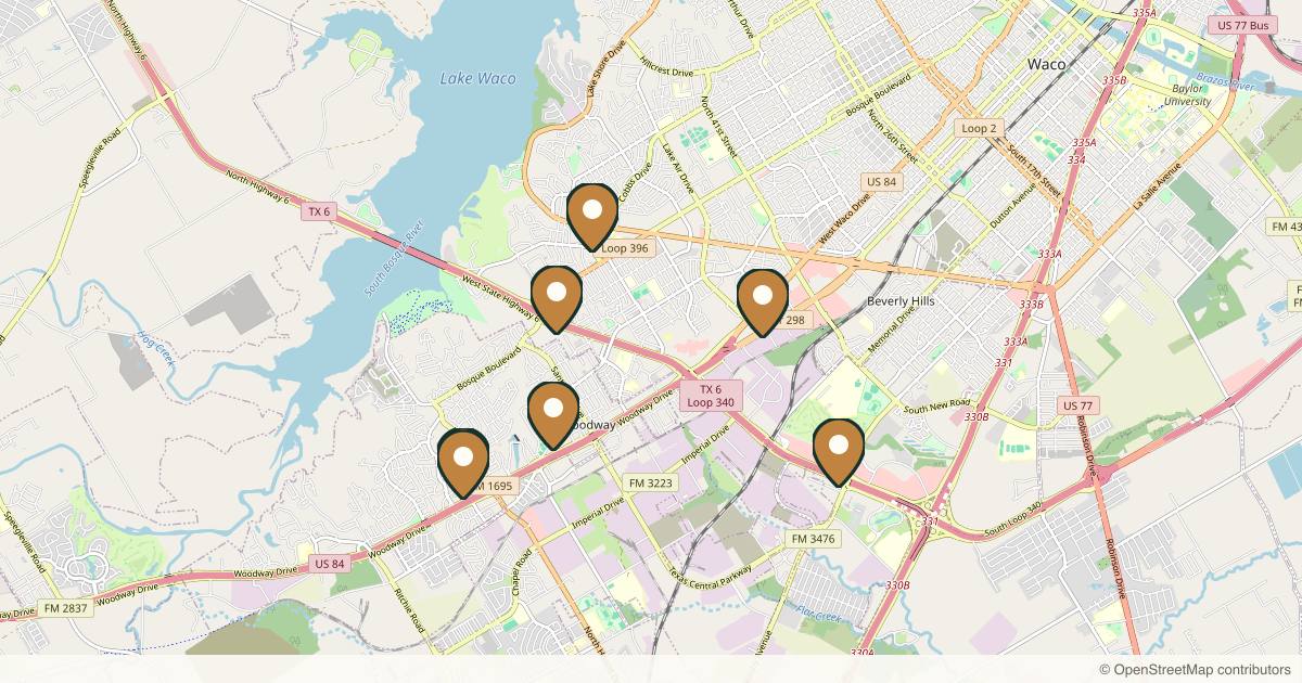 Map of 8 plastic surgery practices in Waco, Texas