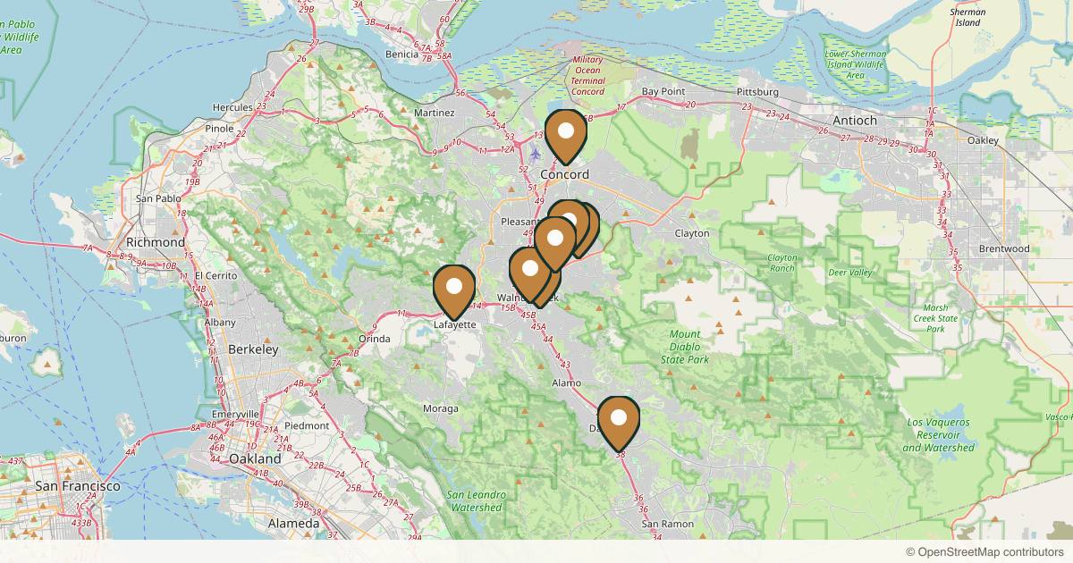 Map of 8 plastic surgery practices in Walnut Creek, California