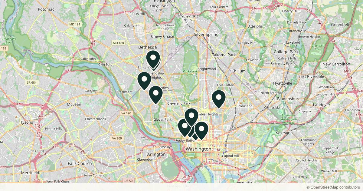 Map of 16 dermatology practices in Washington, District of Columbia