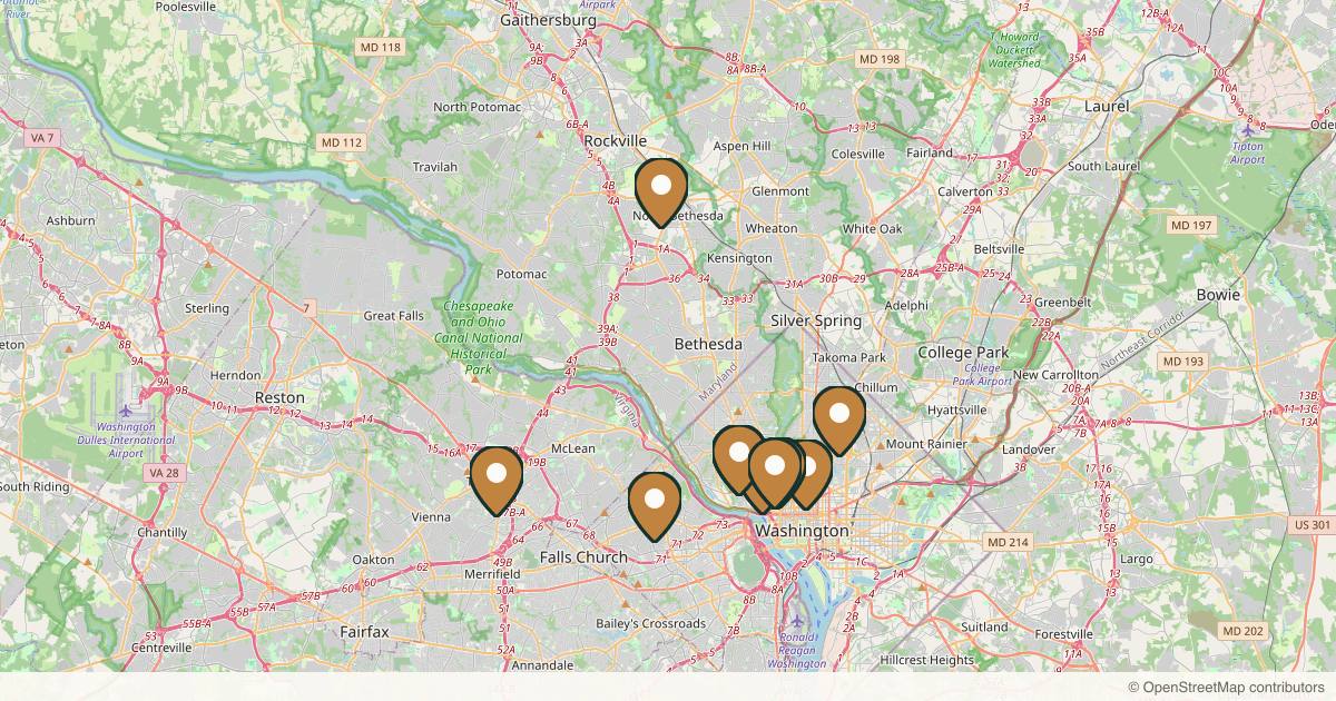 Map of 13 plastic surgery practices in Washington, District of Columbia