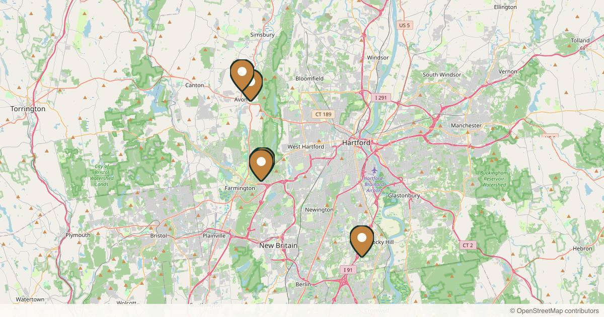 Map of 7 plastic surgery practices in West Hartford, Connecticut