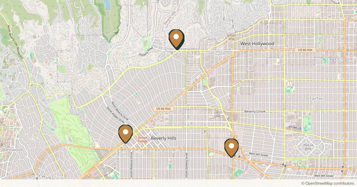 Map of 10 plastic surgery practices in West Hollywood, California