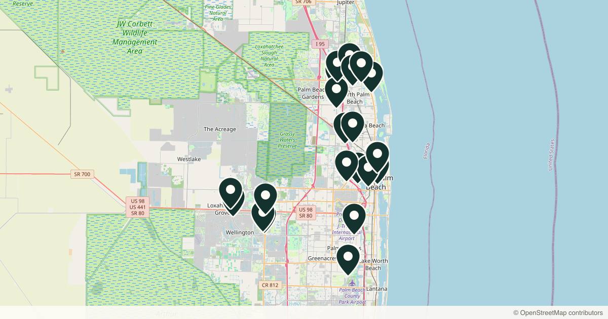 Map of 26 dermatology practices in West Palm Beach, Florida