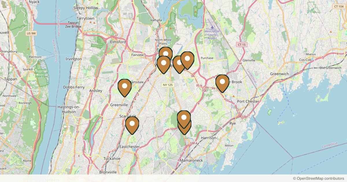 Map of 10 plastic surgery practices in White Plains, New York