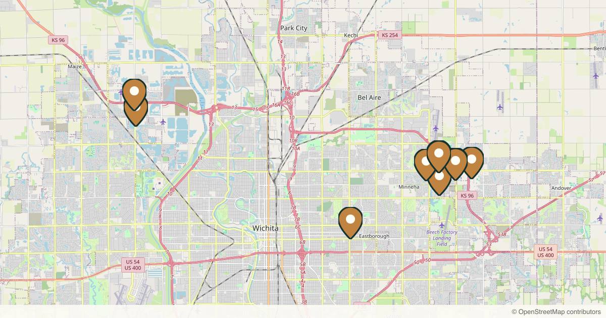 Map of 10 plastic surgery practices in Wichita, Kansas