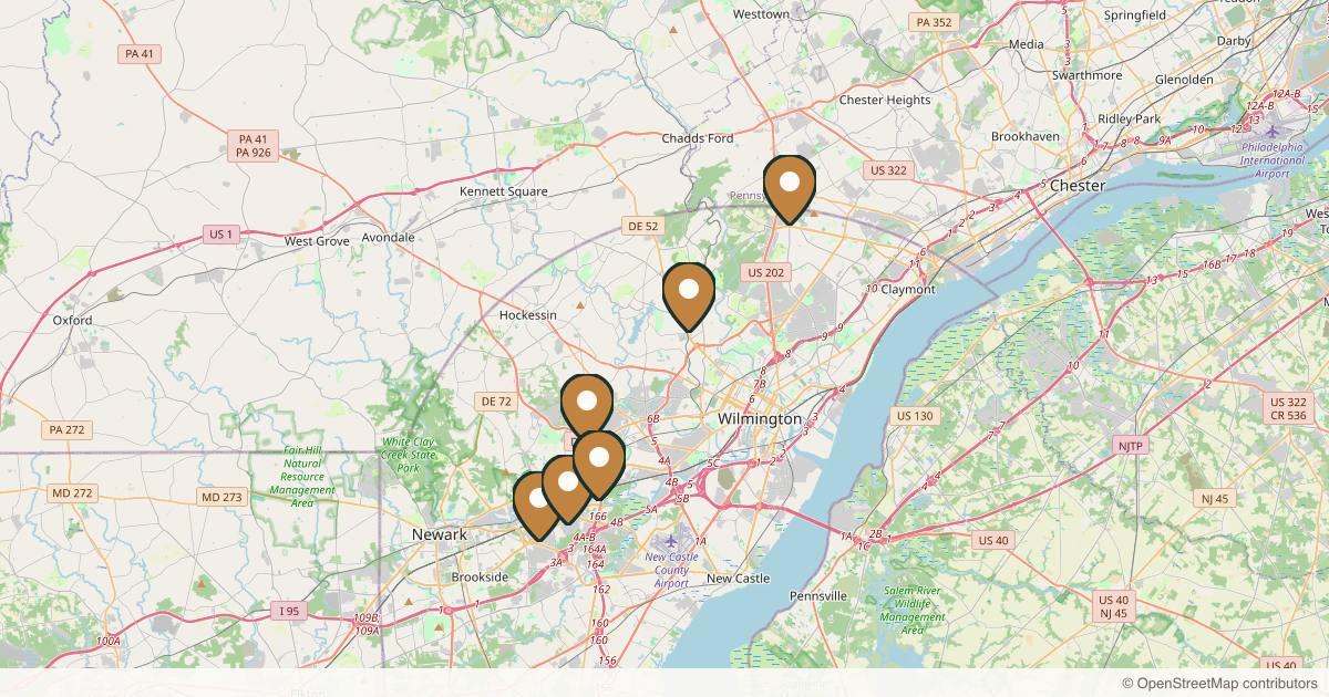Map of 10 plastic surgery practices in Wilmington, Delaware