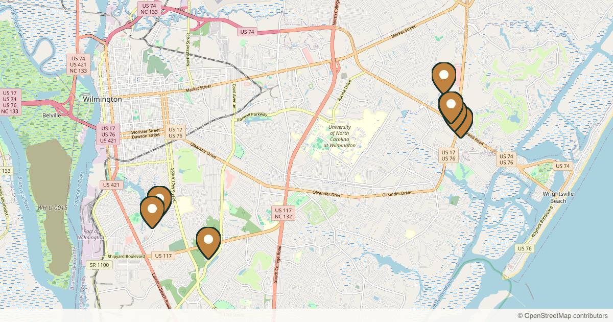 Map of 10 plastic surgery practices in Wilmington, North Carolina
