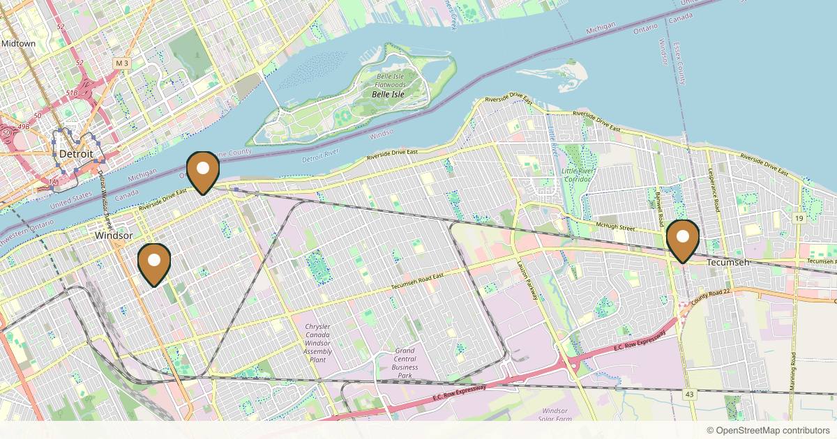 Map of 3 plastic surgery practices in Windsor, Ontario