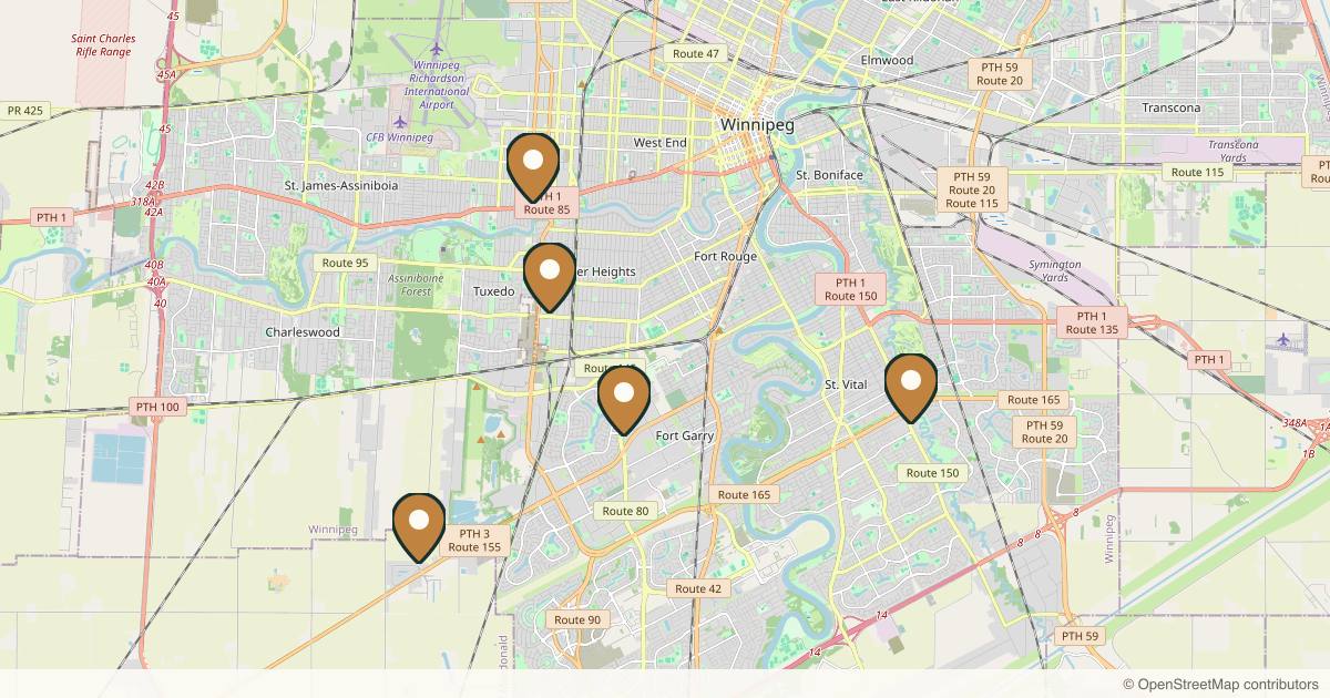 Map of 5 plastic surgery practices in Winnipeg, Manitoba