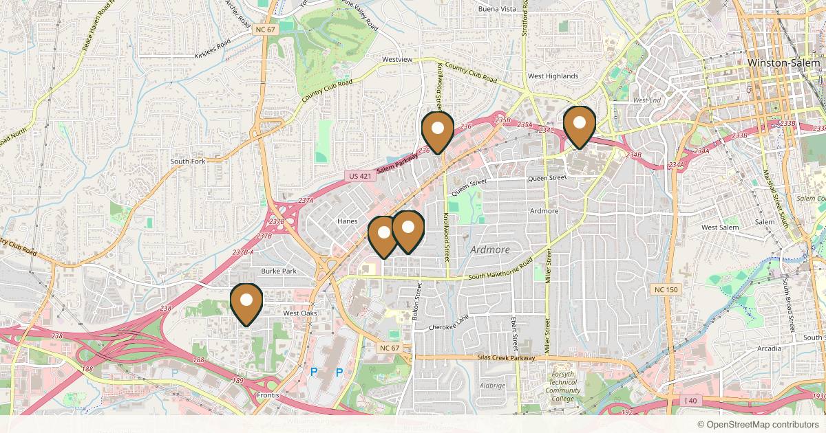 Map of 10 plastic surgery practices in Winston-Salem, North Carolina
