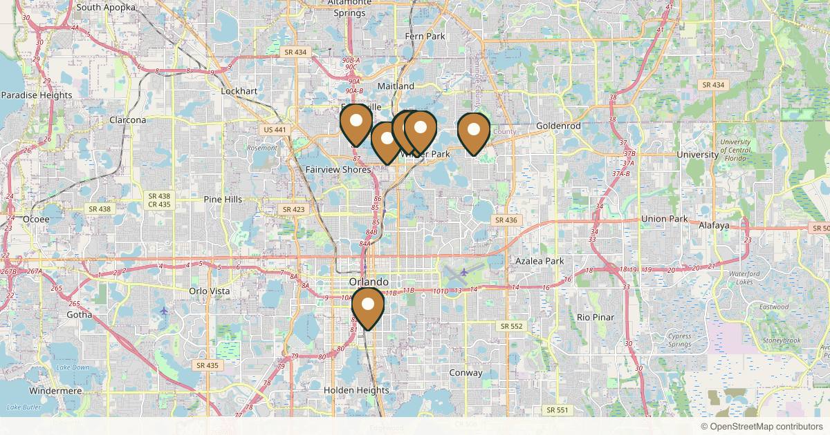 Map of 10 plastic surgery practices in Winter Park, Florida