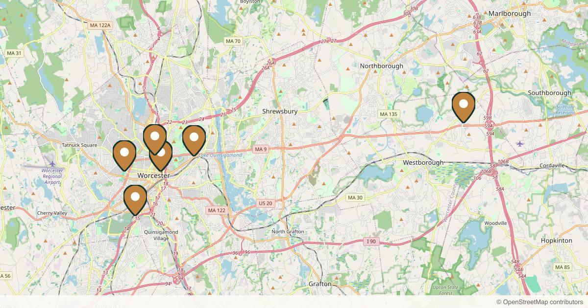 Map of 7 plastic surgery practices in Worcester, Massachusetts