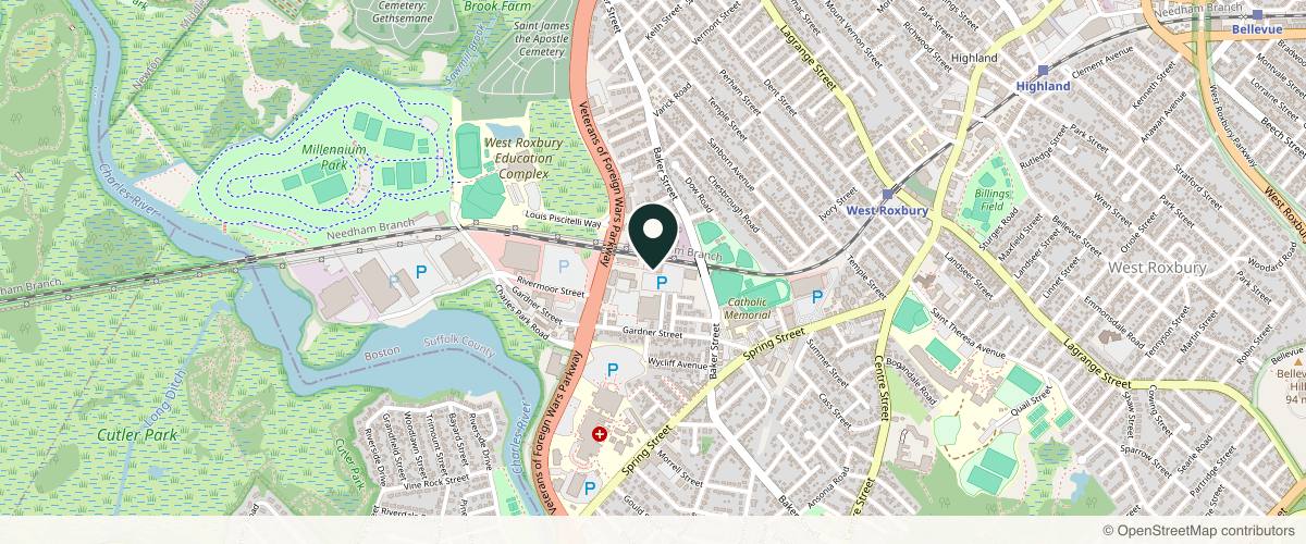 Map showing Brookline Dermatology Associates in Boston, Massachusetts