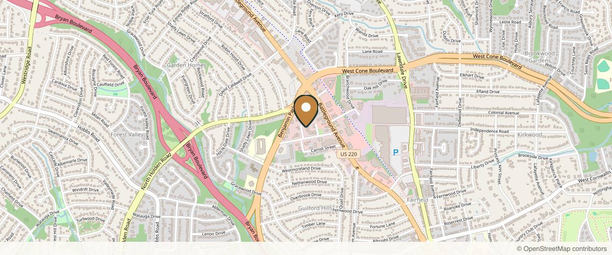 Map showing Carolina Surgical Arts - Dr. Todd G. Owsley and Dr. Nima Missaghian in Greensboro, North Carolina