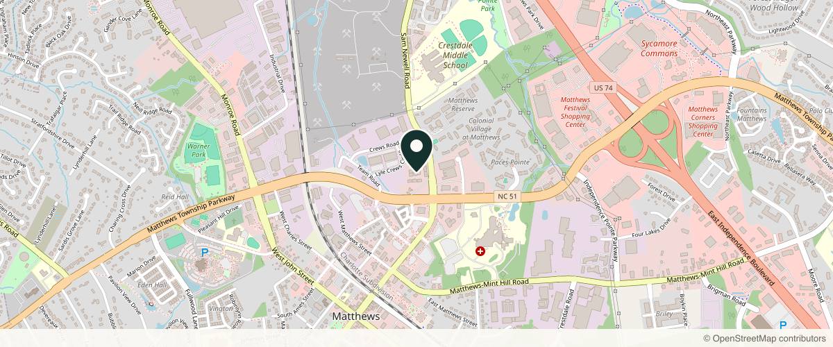 Map showing Charlotte Dermatology | Matthews Office in Charlotte, North Carolina