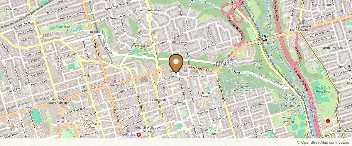 Map showing Dr Chad Wu, Plastic Surgeon in Toronto | Breast Augmentation, Blepharoplasty, Tummy tuck, Labiaplasty in Toronto, Ontario