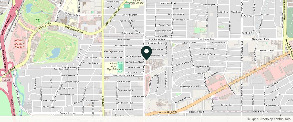 Map showing Elizabeth Hughes Dermatology in San Antonio, Texas