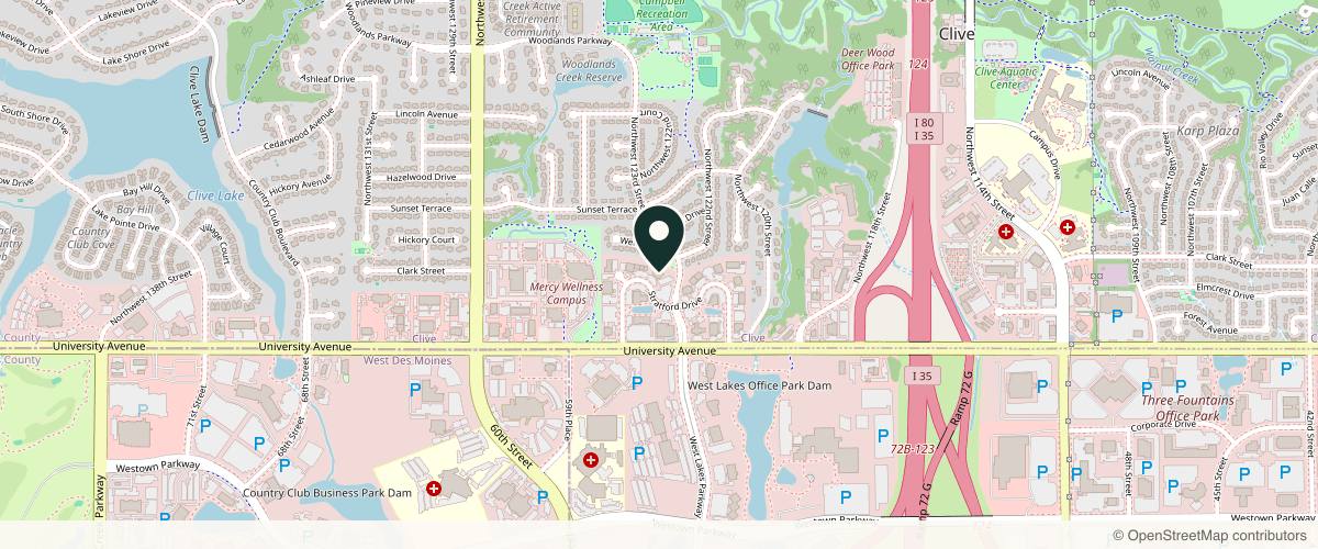 Map showing Forefront Dermatology Clive, IA in Des Moines, Iowa