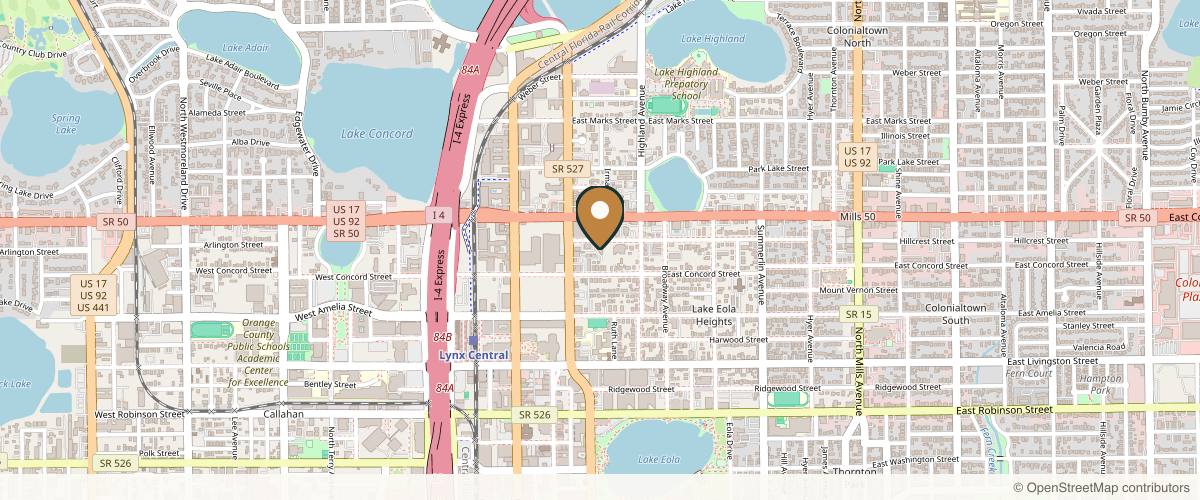 Map showing Hillcrest Plastic Surgery: Dr. Kenrick Spence in Orlando, Florida