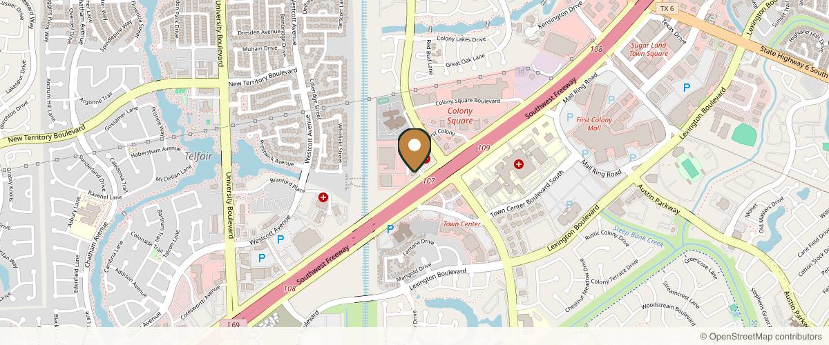 Map showing Houston Dermatology and Plastic Surgery in Sugar Land, Texas