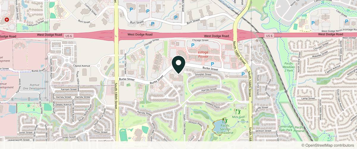 Map showing Nebraska Medicine Dermatology at Village Pointe Health Center in Omaha, Nebraska