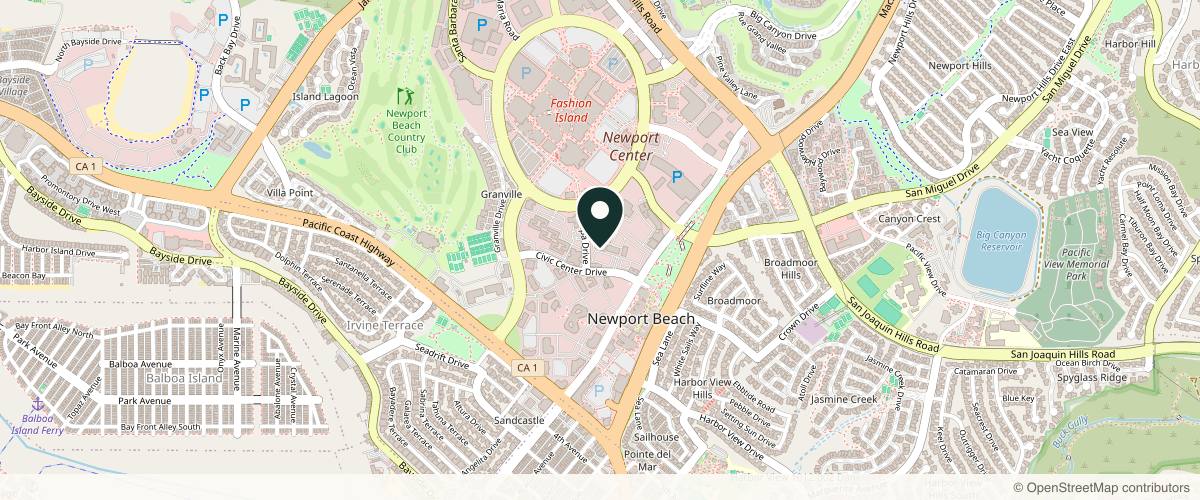 Map showing Pacific Dermatology Institute in Newport Beach, California