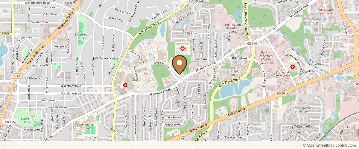 Map showing Red Hills Surgical Center in Tallahassee, Florida