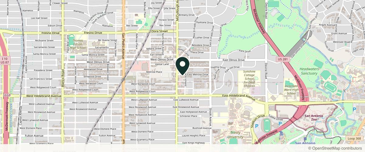 Map showing RFSA Dermatology Olmos in San Antonio, Texas